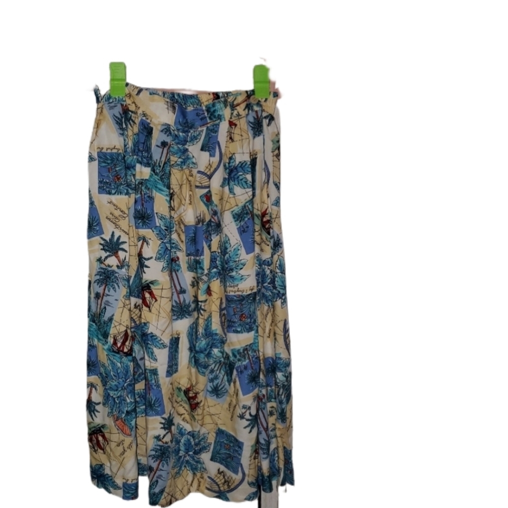 🙂3 for $15.00🙂VINTAGE Leslie Fay Palm Tree Ships Print Skirt Rayon USA Unique!